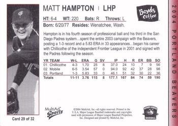 2004 MultiAd Portland Beavers #29 Matt Hampton Back