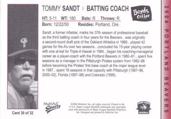2004 MultiAd Portland Beavers #30 Tommy Sandt Back