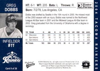 2004 MultiAd Tacoma Rainiers #9 Greg Dobbs Back
