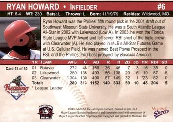 2004 MultiAd Reading Phillies #12 Ryan Howard Back