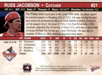 2004 MultiAd Reading Phillies #13 Russ Jacobson Back
