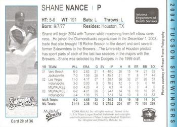 2004 MultiAd Tucson Sidewinders #20 Shane Nance Back
