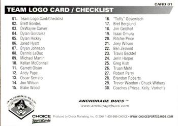 2004 Choice Anchorage Bucs #1 Checklist Back