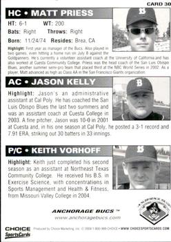 2004 Choice Anchorage Bucs #30 Matt Priess / Jason Kelly / Keith Vorhoff Back
