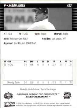 2004 Choice Carolina League Top Prospects #23 Jason Hirsh Back