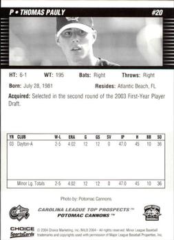2004 Choice Carolina League Top Prospects #20 Thomas Pauly Back