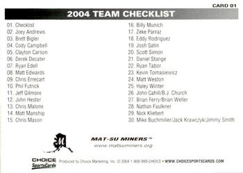 2004 Choice Mat-Su Miners #1 Checklist Back