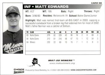 2004 Choice Mat-Su Miners #8 Matt Edwards Back