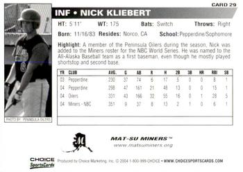 2004 Choice Mat-Su Miners #29 Nick Kliebert Back