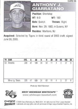 2004 Choice West Michigan Whitecaps #6 Tony Giarratano Back
