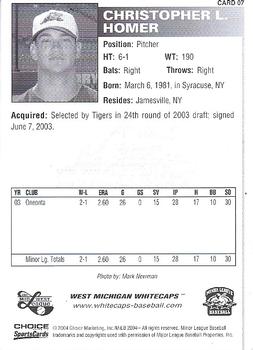 2004 Choice West Michigan Whitecaps #7 Chris Homer Back