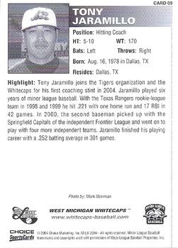 2004 Choice West Michigan Whitecaps #9 Tony Jaramillo Back