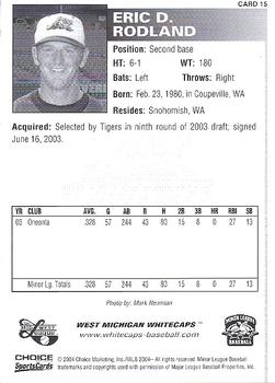 2004 Choice West Michigan Whitecaps #15 Eric Rodland Back