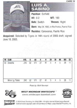 2004 Choice West Michigan Whitecaps #19 Luis Sabino Back