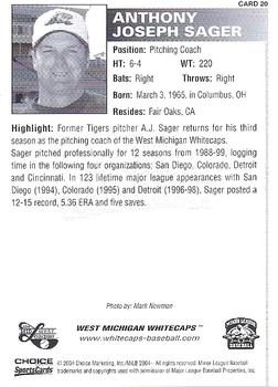 2004 Choice West Michigan Whitecaps #20 A.J. Sager Back