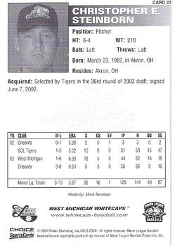 2004 Choice West Michigan Whitecaps #23 Chris Steinborn Back