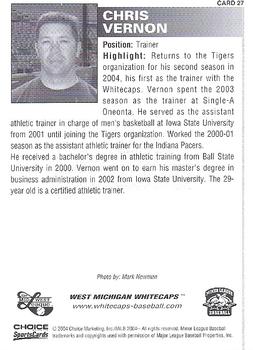 2004 Choice West Michigan Whitecaps #27 Chris Vernon Back