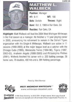 2004 Choice West Michigan Whitecaps #28 Matt Walbeck Back