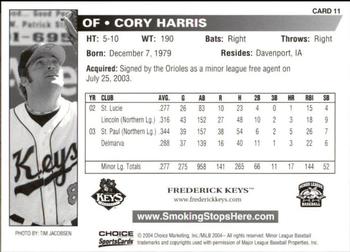 2004 Choice Frederick Keys SGA #11 Cory Harris Back