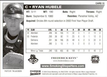 2004 Choice Frederick Keys SGA #13 Ryan Hubele Back