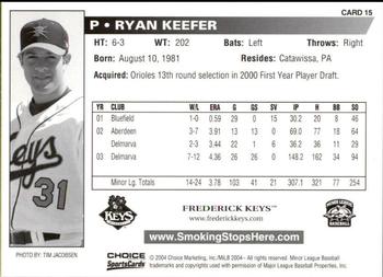 2004 Choice Frederick Keys SGA #15 Ryan Keefer Back