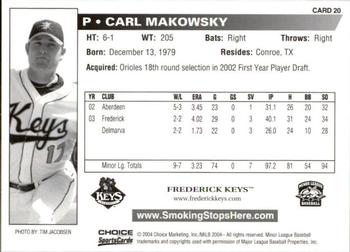 2004 Choice Frederick Keys SGA #20 Carl Makowsky Back