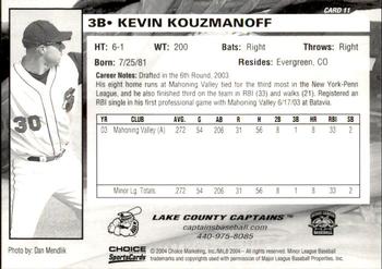 2004 Choice Lake County Captains #11 Kevin Kouzmanoff Back