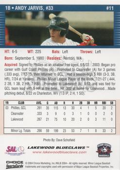2004 Choice Lakewood BlueClaws #11 Andy Jarvis Back