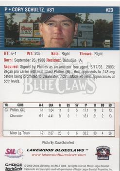 2004 Choice Lakewood BlueClaws #23 Cory Schultz Back
