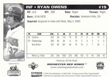 2004 Choice Rochester Red Wings #15 Ryan Owens Back