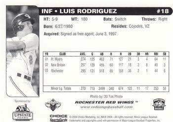 2004 Choice Rochester Red Wings #18 Luis Rodriguez Back