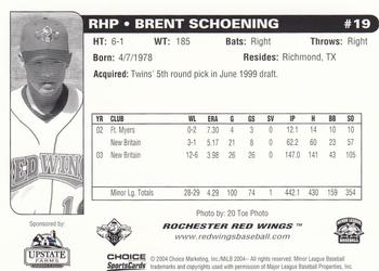 2004 Choice Rochester Red Wings #19 Brent Schoening Back
