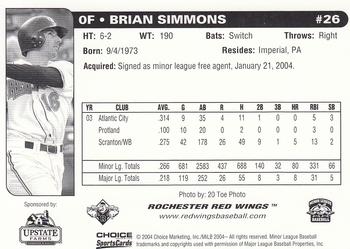 2004 Choice Rochester Red Wings #26 Brian Simmons Back