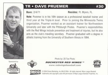 2004 Choice Rochester Red Wings #30 Dave Pruemer Back