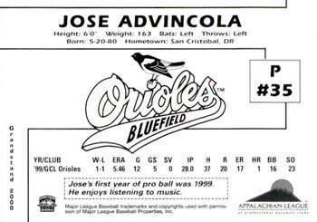 2000 Grandstand Bluefield Orioles #NNO Jose Advincola Back