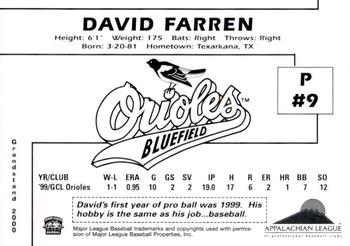 2000 Grandstand Bluefield Orioles #NNO David Farren Back