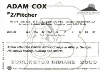 2000 Grandstand Burlington Indians #NNO Adam Cox Back