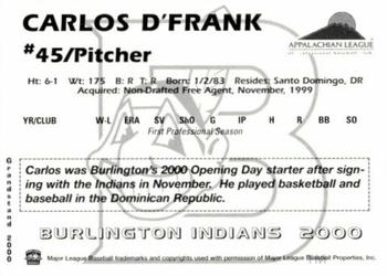 2000 Grandstand Burlington Indians #NNO Carlos D'Frank Back