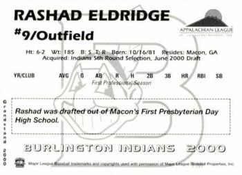 2000 Grandstand Burlington Indians #NNO Rashad Eldridge Back