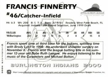 2000 Grandstand Burlington Indians #NNO Francis Finnerty Back