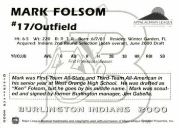 2000 Grandstand Burlington Indians #NNO Mark Folsom Back