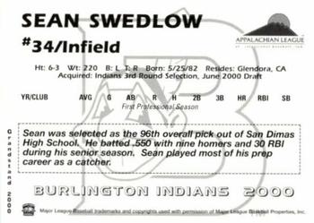 2000 Grandstand Burlington Indians #NNO Sean Swedlow Back
