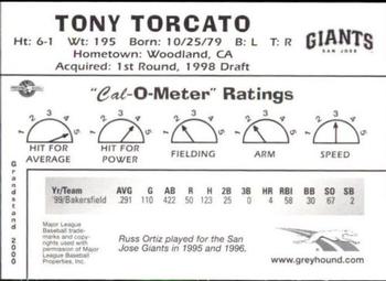 2000 Grandstand California League Top Prospects #NNO Tony Torcato Back