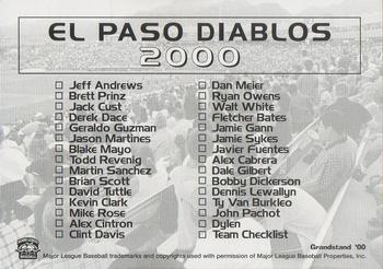 2000 Grandstand El Paso Diablos #NNO Team Checklist Back