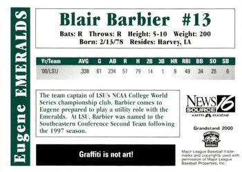 2000 Grandstand Eugene Emeralds #NNO Blair Barbier Back