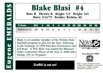 2000 Grandstand Eugene Emeralds #NNO Blake Blasi Back