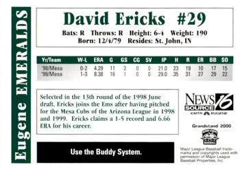 2000 Grandstand Eugene Emeralds #NNO David Ericks Back