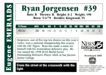 2000 Grandstand Eugene Emeralds #NNO Ryan Jorgensen Back