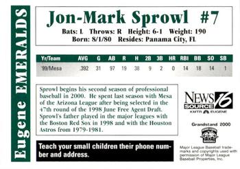 2000 Grandstand Eugene Emeralds #NNO Jon-Mark Sprowl Back