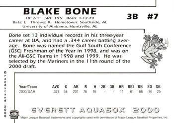2000 Grandstand Everett AquaSox #NNO Blake Bone Back